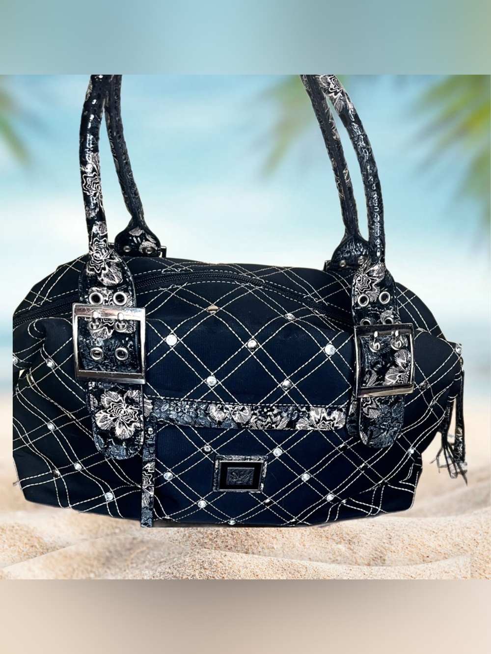 Sharif Quilted Black Satchel Handbag with Silver Stud Accents